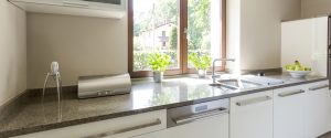 kitchen surface with sink with flower pot by a window in bright daylight