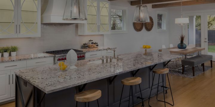 white granite breakfast bar with stools